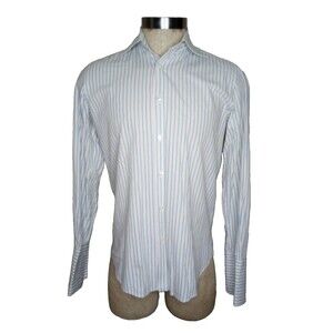 Luciano Barbera Shirt Mens 38-15 Blue Yellow Stripe Italian Cotton EUC